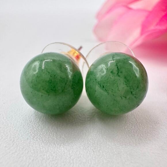 Green Jadeite Ball Stud Earrings 10 mm Presidium Tested Asian Estate Eastern - Picture 1 of 10